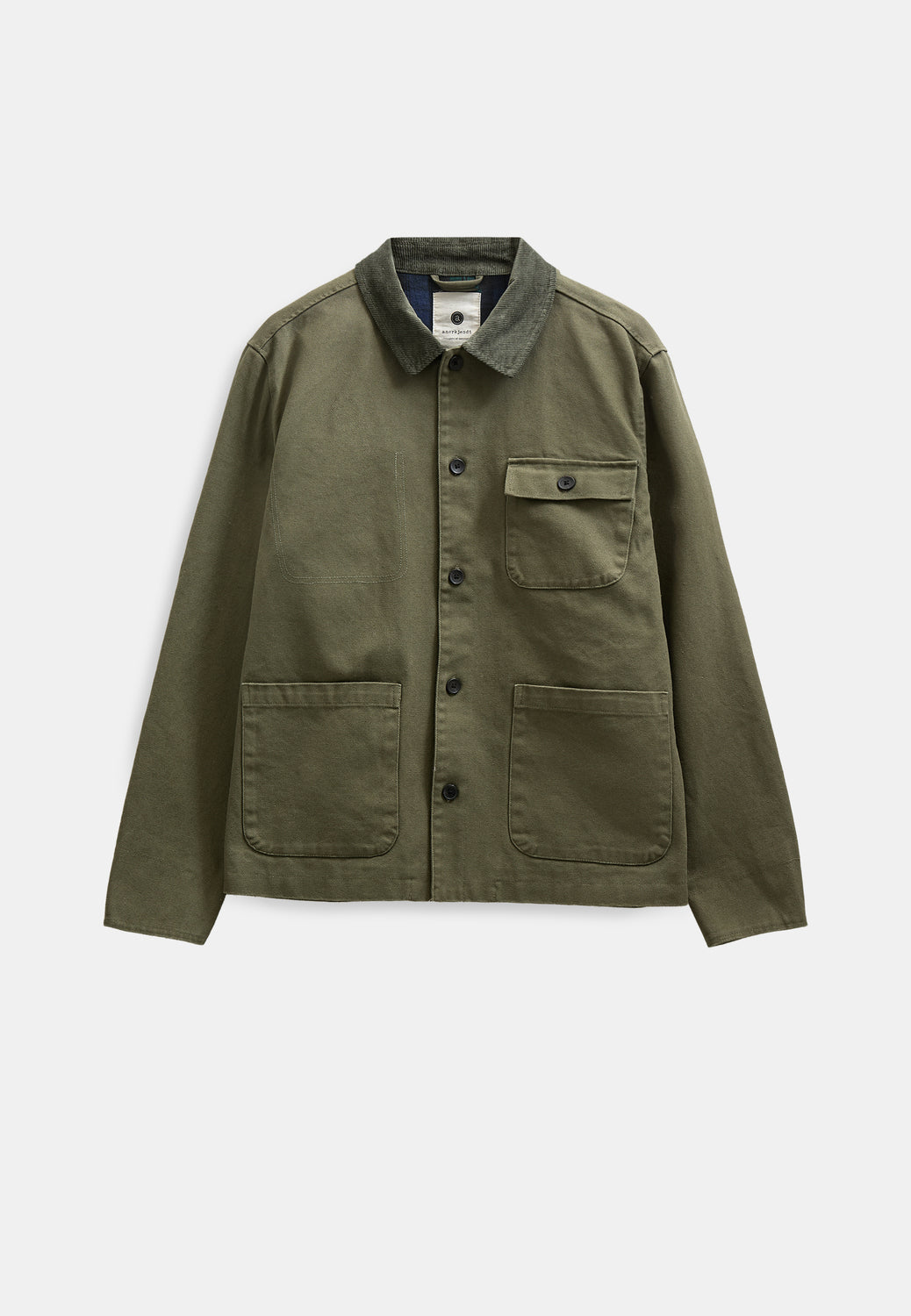 Giacca chore coat verde oliva in canvas di cotone con colletto in velluto a coste, tre tasche e bottoni dark navy — vista frontale