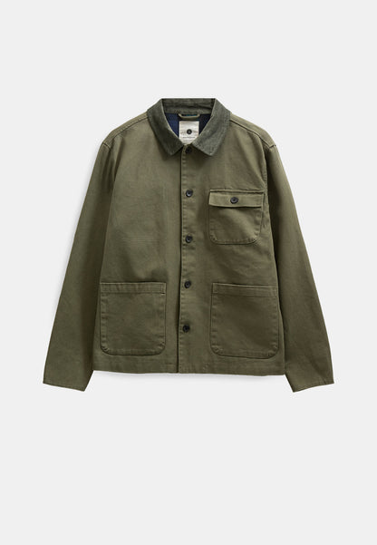 Giacca chore coat verde oliva in canvas di cotone con colletto in velluto a coste, tre tasche e bottoni dark navy — vista frontale